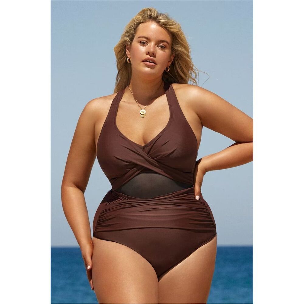 NWT Cupshe Boho Rhapsody Mesh Cross Back Plus Size One Piece Swimsuit Si…